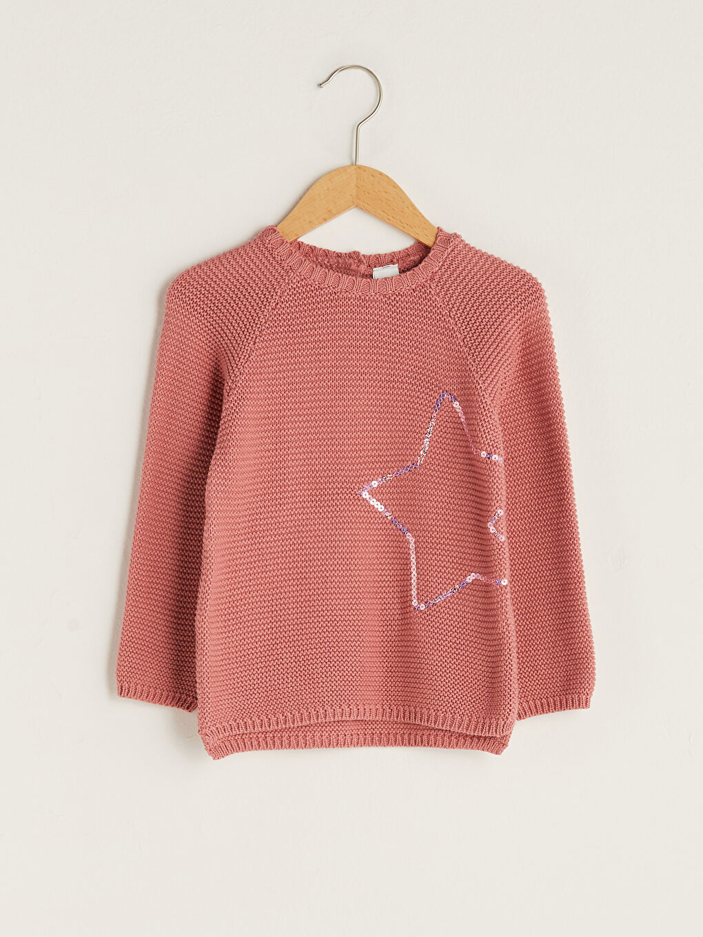 Pembe Bisiklet Yaka Uzun Kollu Pul Detaylı Kız Bebek Triko Kazak