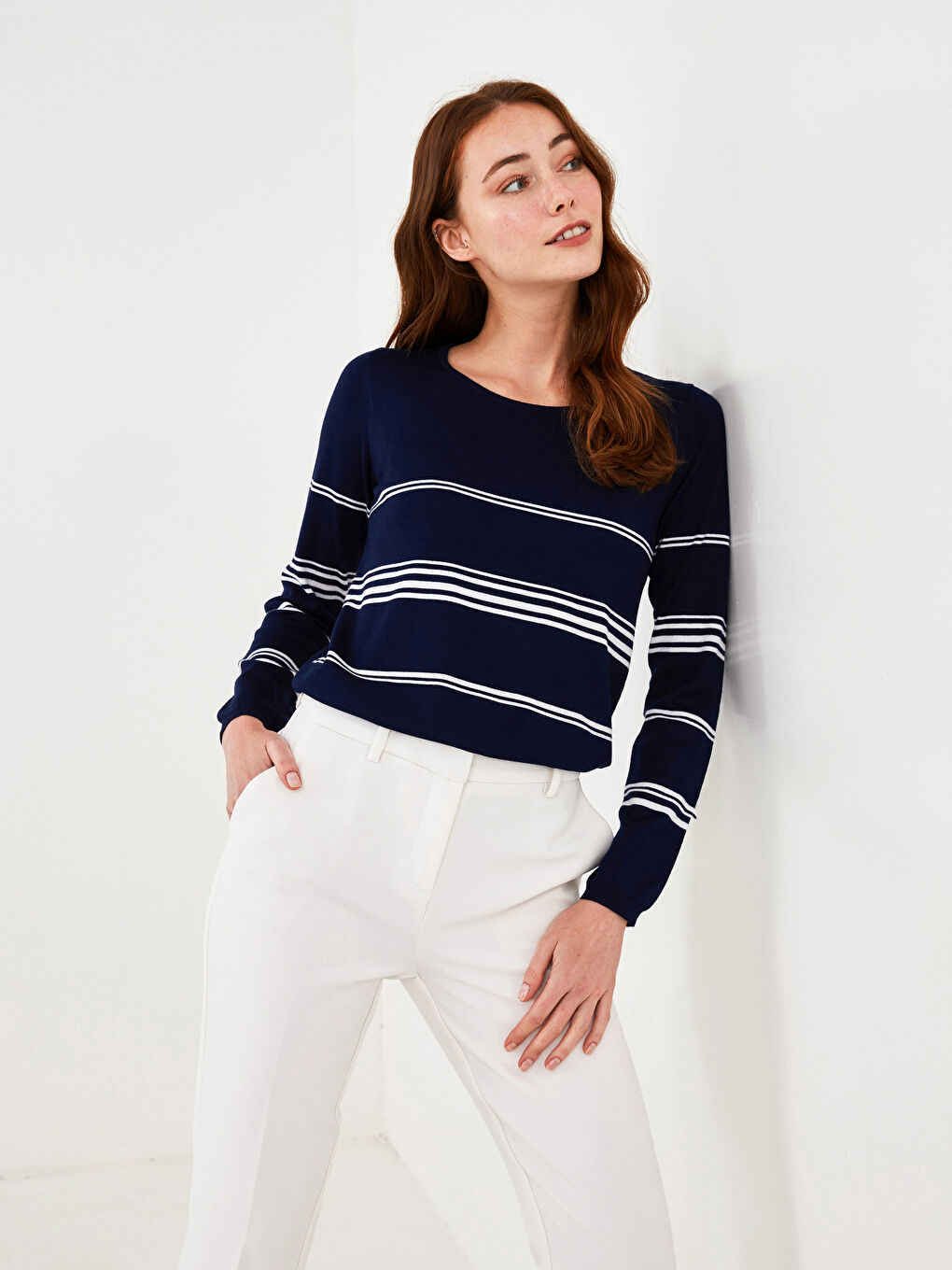 Lacivert Bisiklet Yaka Çizgili Uzun Kollu Kadın Triko Basic Kazak-1