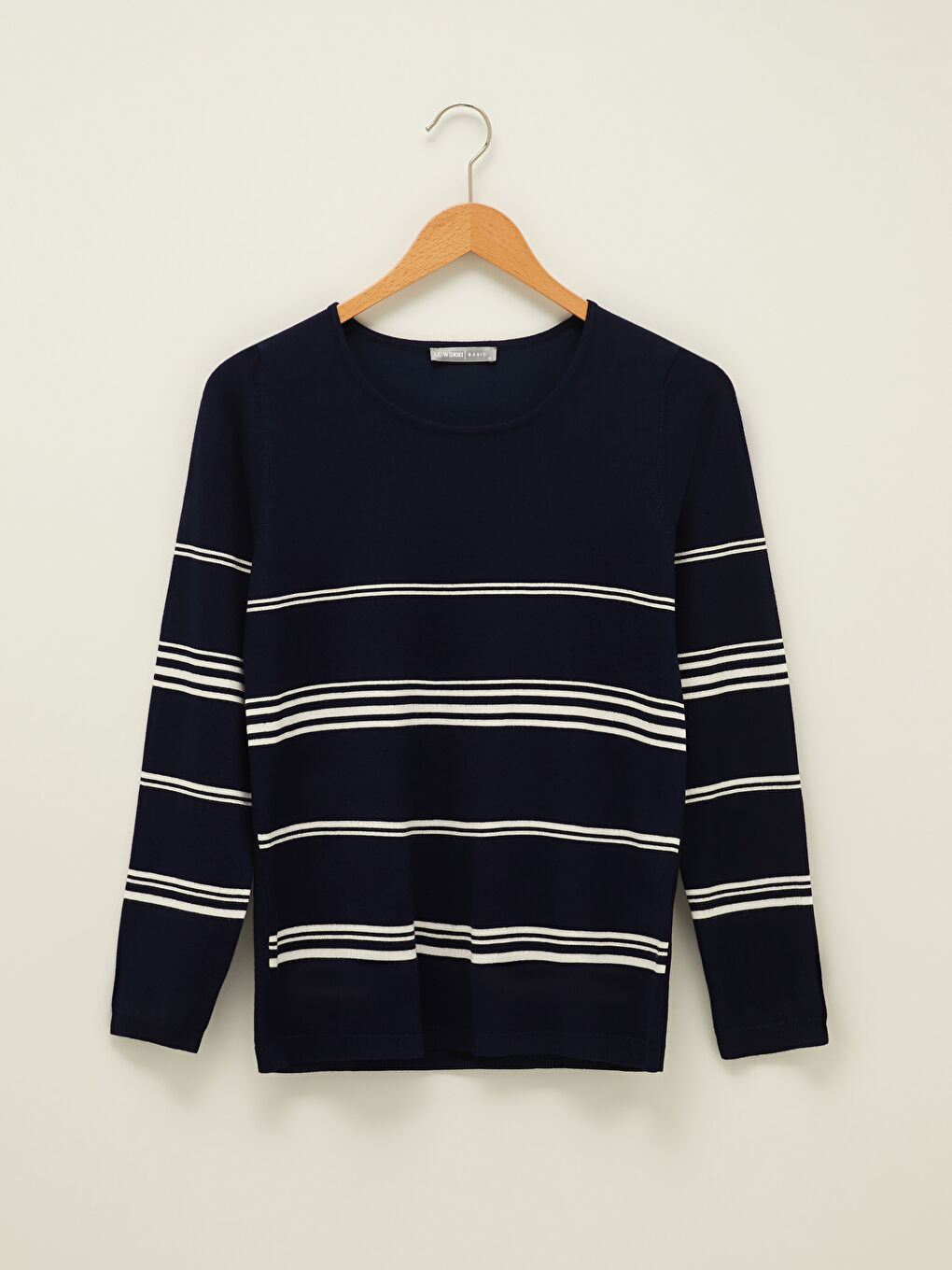 Lacivert Bisiklet Yaka Çizgili Uzun Kollu Kadın Triko Basic Kazak-4