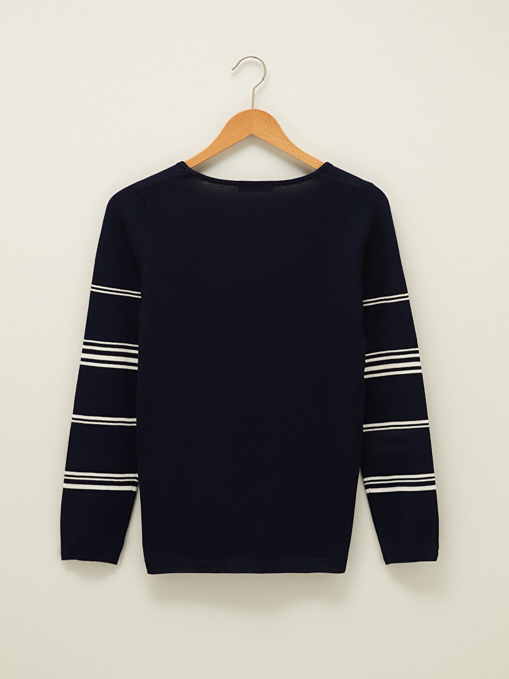 Lacivert Bisiklet Yaka Çizgili Uzun Kollu Kadın Triko Basic Kazak-5