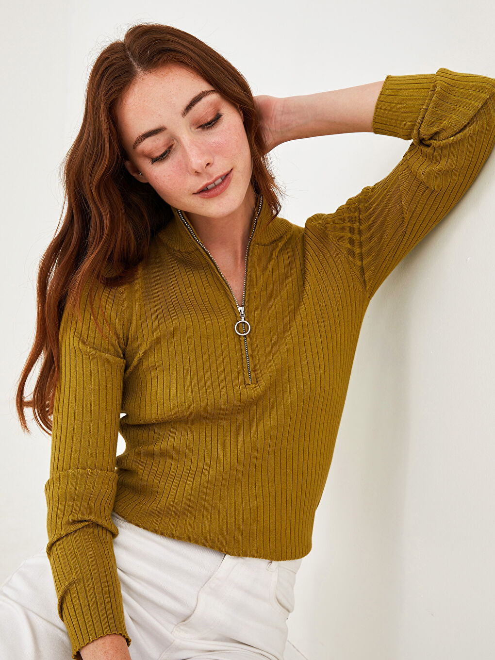 Turtleneck Plain Zipper Long Sleeve Women's Knitwear Basic Sweater-1