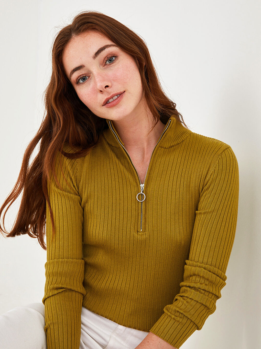 Turtleneck Plain Zipper Long Sleeve Women's Knitwear Basic Sweater-2