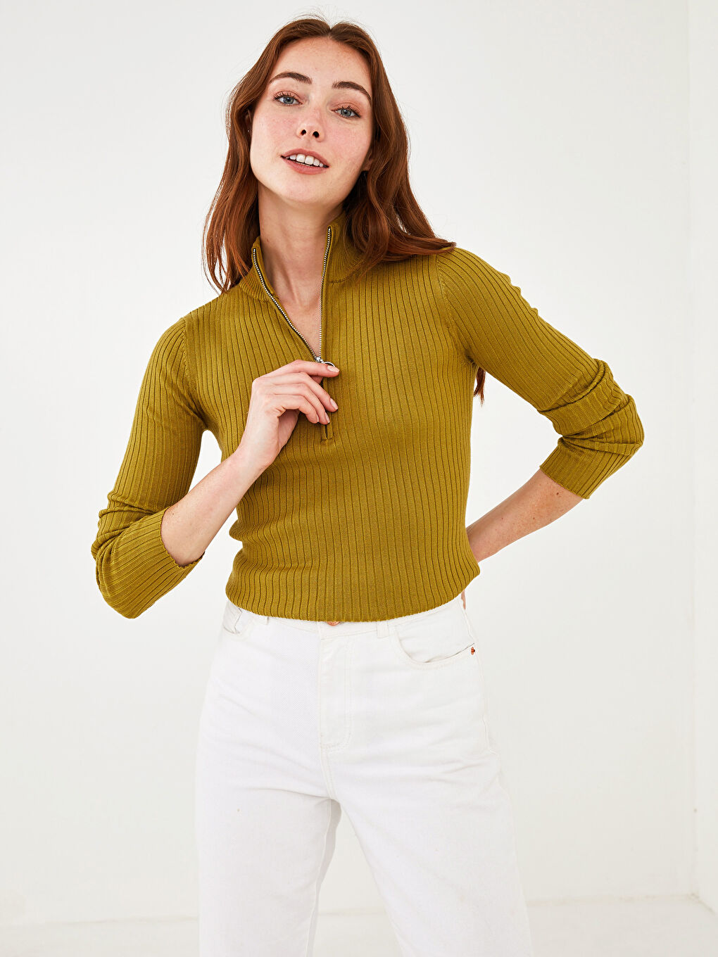 Turtleneck Plain Zipper Long Sleeve Women's Knitwear Basic Sweater
