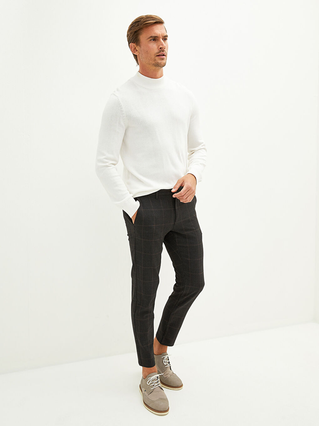 Kahverengi Slim Fit Ekose Erkek Pantolon-2