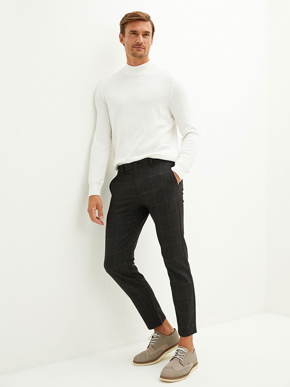 Kahverengi Slim Fit Ekose Erkek Pantolon