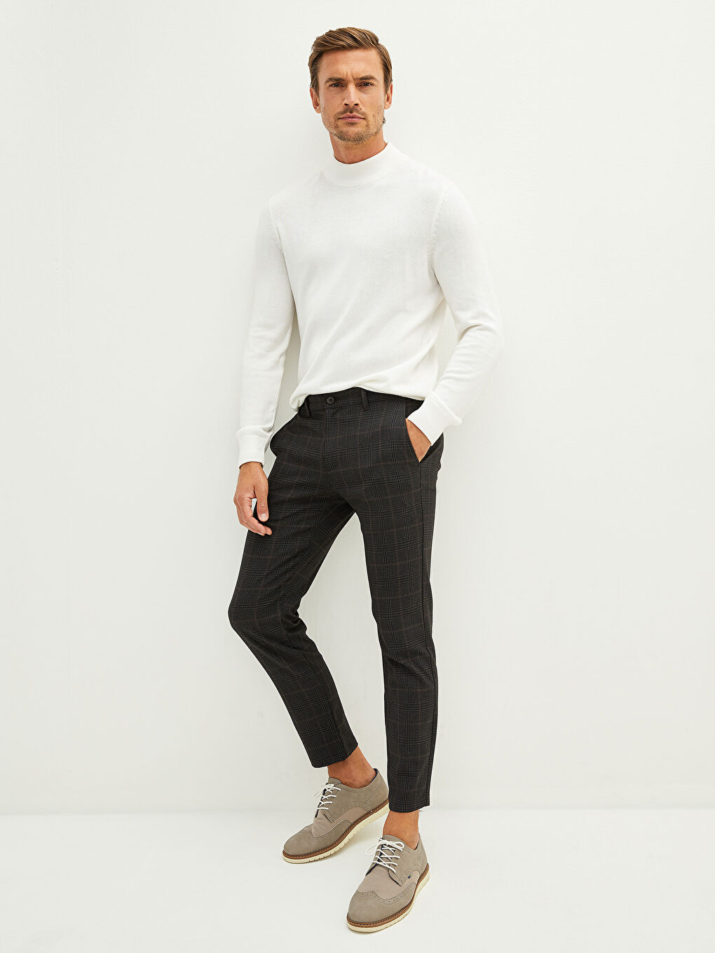 Kahverengi Slim Fit Ekose Erkek Pantolon-1