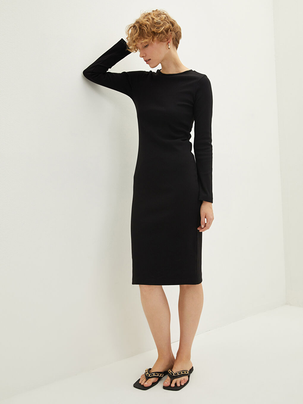 LC Waikiki Crew Neck Plain Long Sleeve Women's Bodycon Dress -W15327Z8-CVL