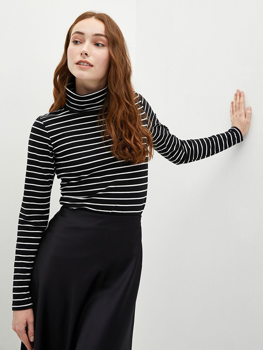 Funnel Neck Striped Long Sleeve Women's T-Shirt-2