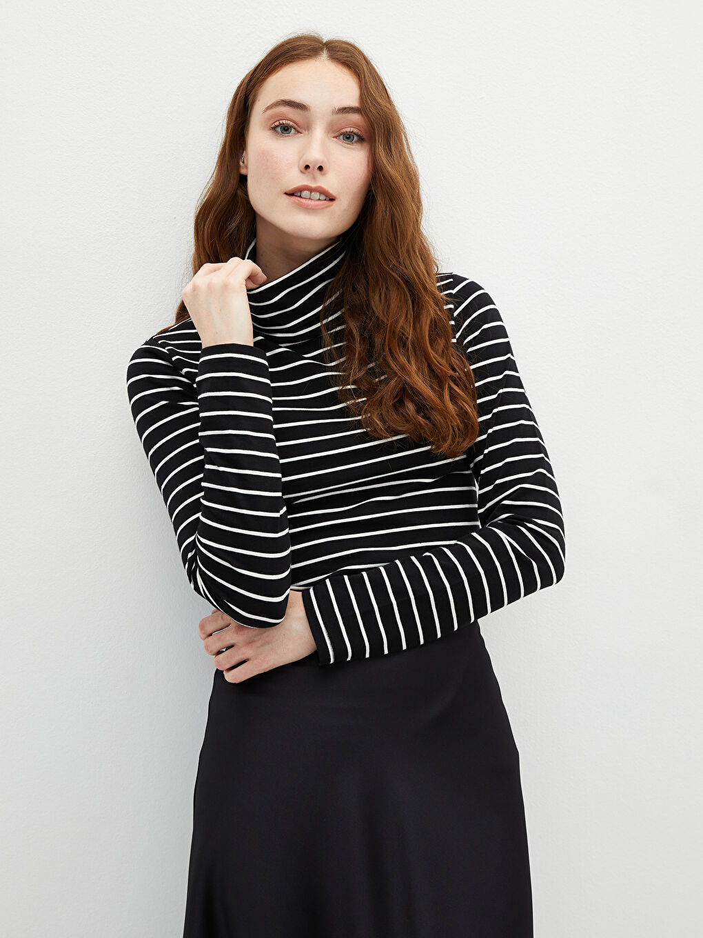 Funnel Neck Striped Long Sleeve Women's T-Shirt-3