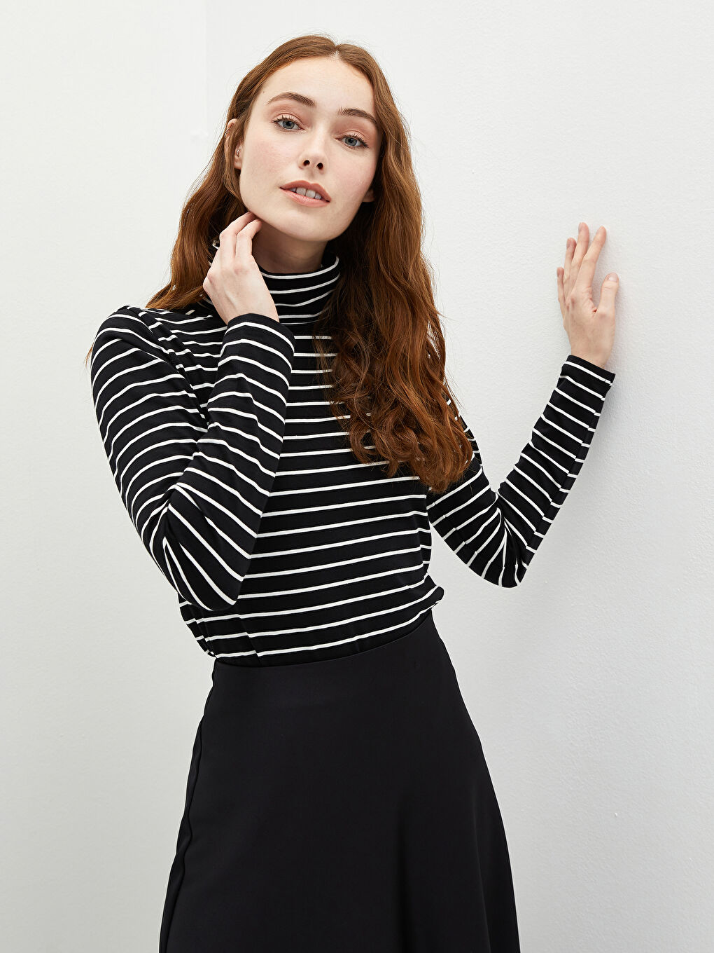 Funnel Neck Striped Long Sleeve Women's T-Shirt-1