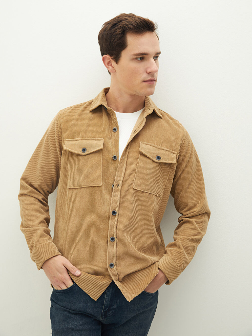 Relaxed Fit Long Sleeve Velvet Men's Shirt