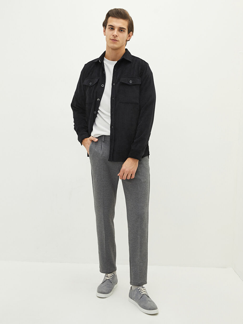 Antrasit Rahat Kalıp Uzun Kollu Kadife Erkek Gömlek-2