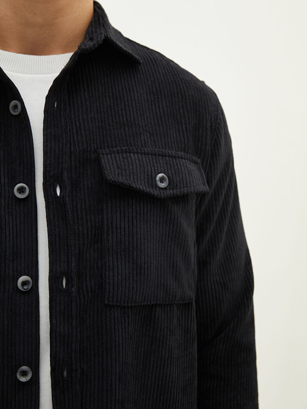 Antrasit Rahat Kalıp Uzun Kollu Kadife Erkek Gömlek-3