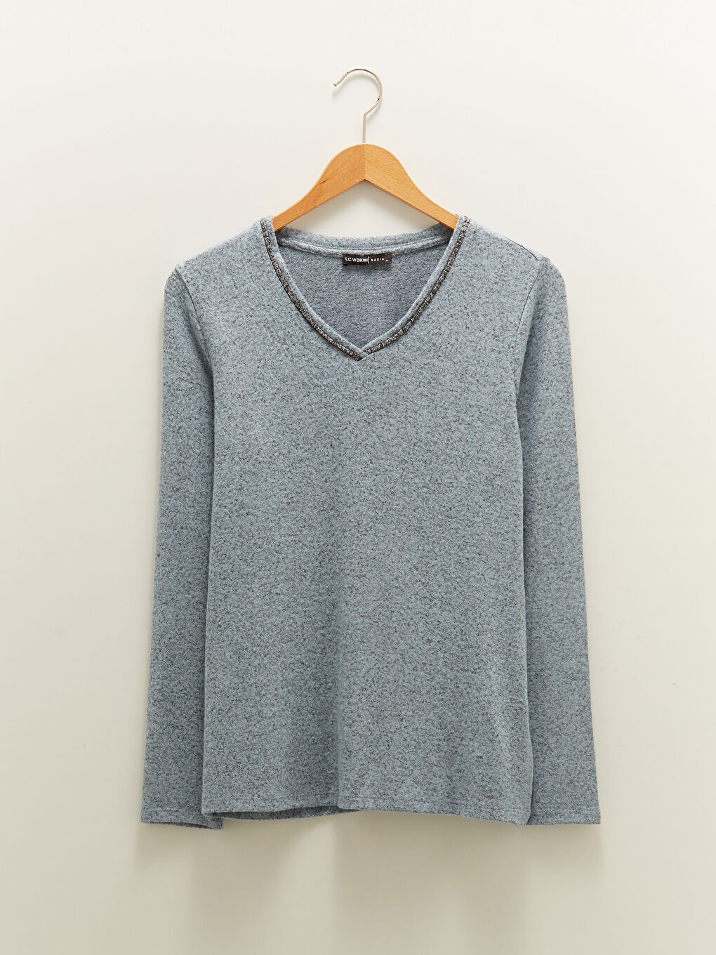 LCWAIKIKI Basic V-Ausschnitt Schlichtes Langarm T-Shirt für Damen -W15445Z8-GLL