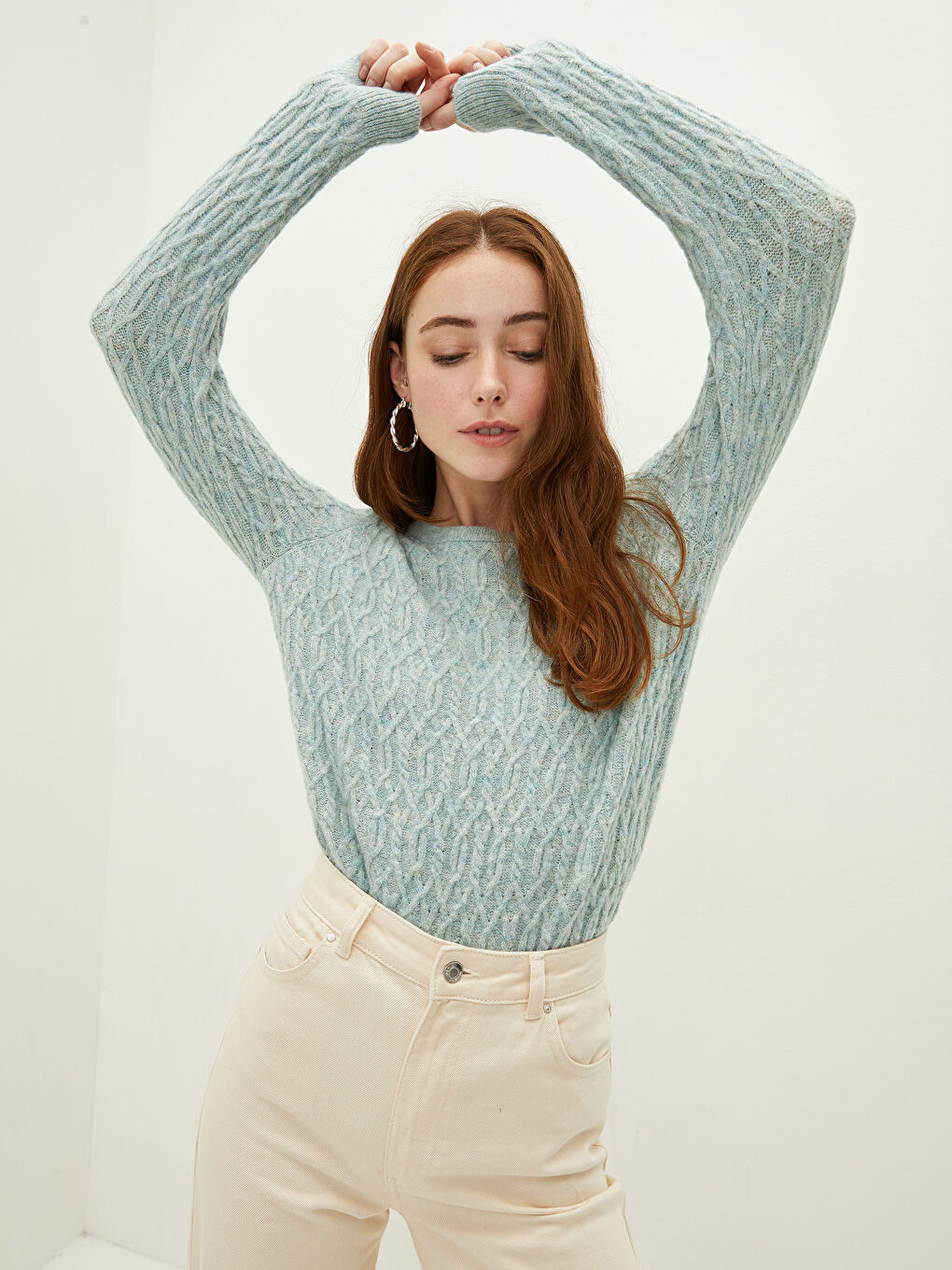 Свитер из трикотажа с круглым вырезом, узорчатый, с длинным рукавом для женщин-1