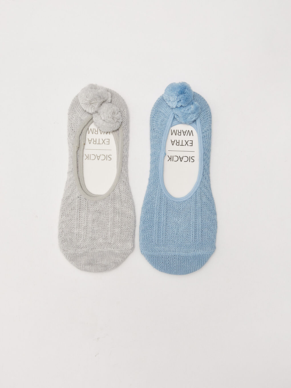 Mavi Düz Ponpon Detaylı Kadın Babet Çorap 2'li-1