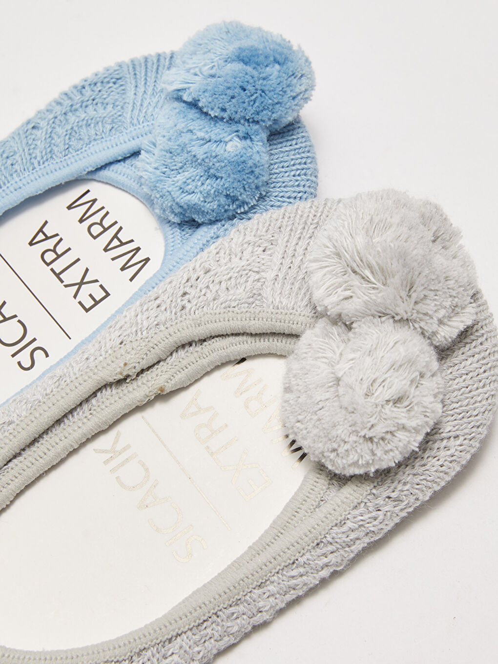 Mavi Düz Ponpon Detaylı Kadın Babet Çorap 2'li-2