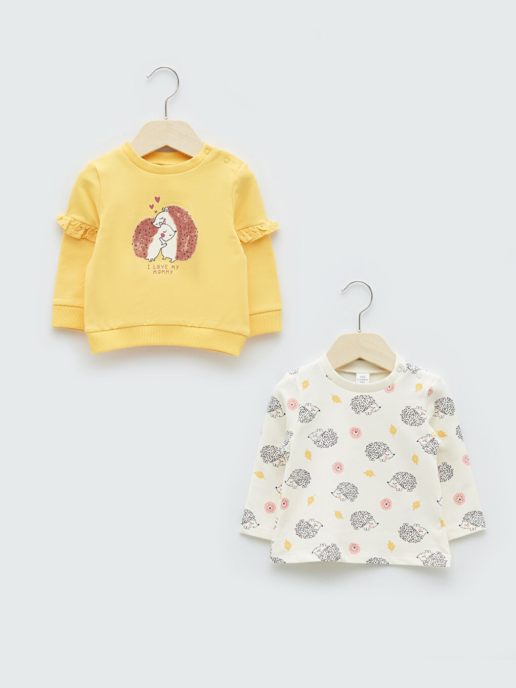 Sarı Bisiklet Yaka Uzun Kollu Baskılı Pamuklu Kız Bebek Sweatshirt 2'li