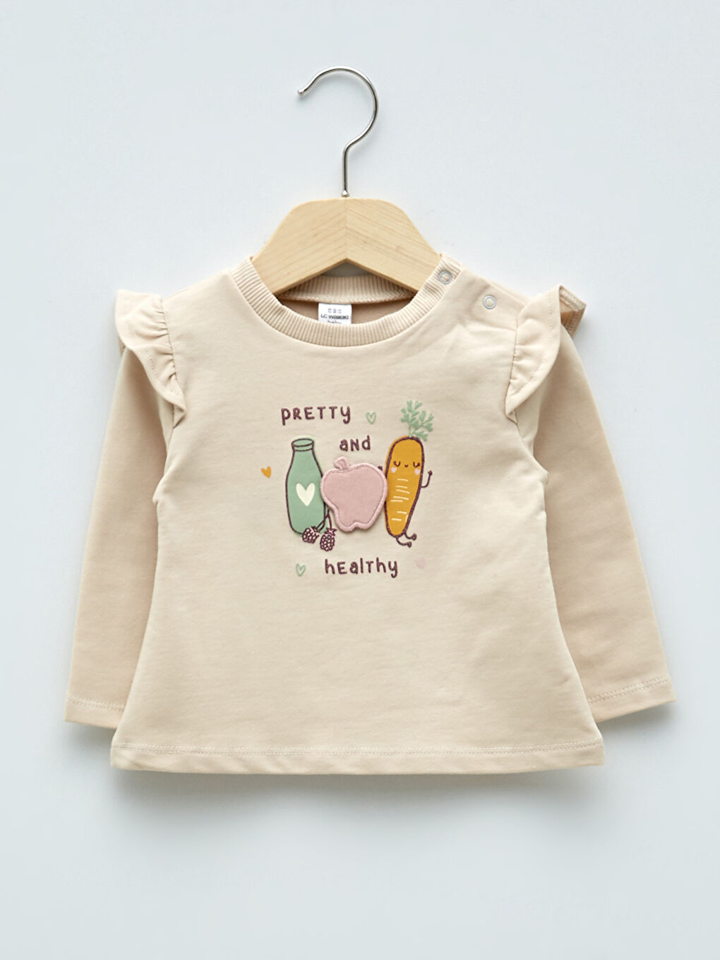 تيشيرت بناتي رضع بياقة دائرية وكم طويل بتفاصيل أبليك