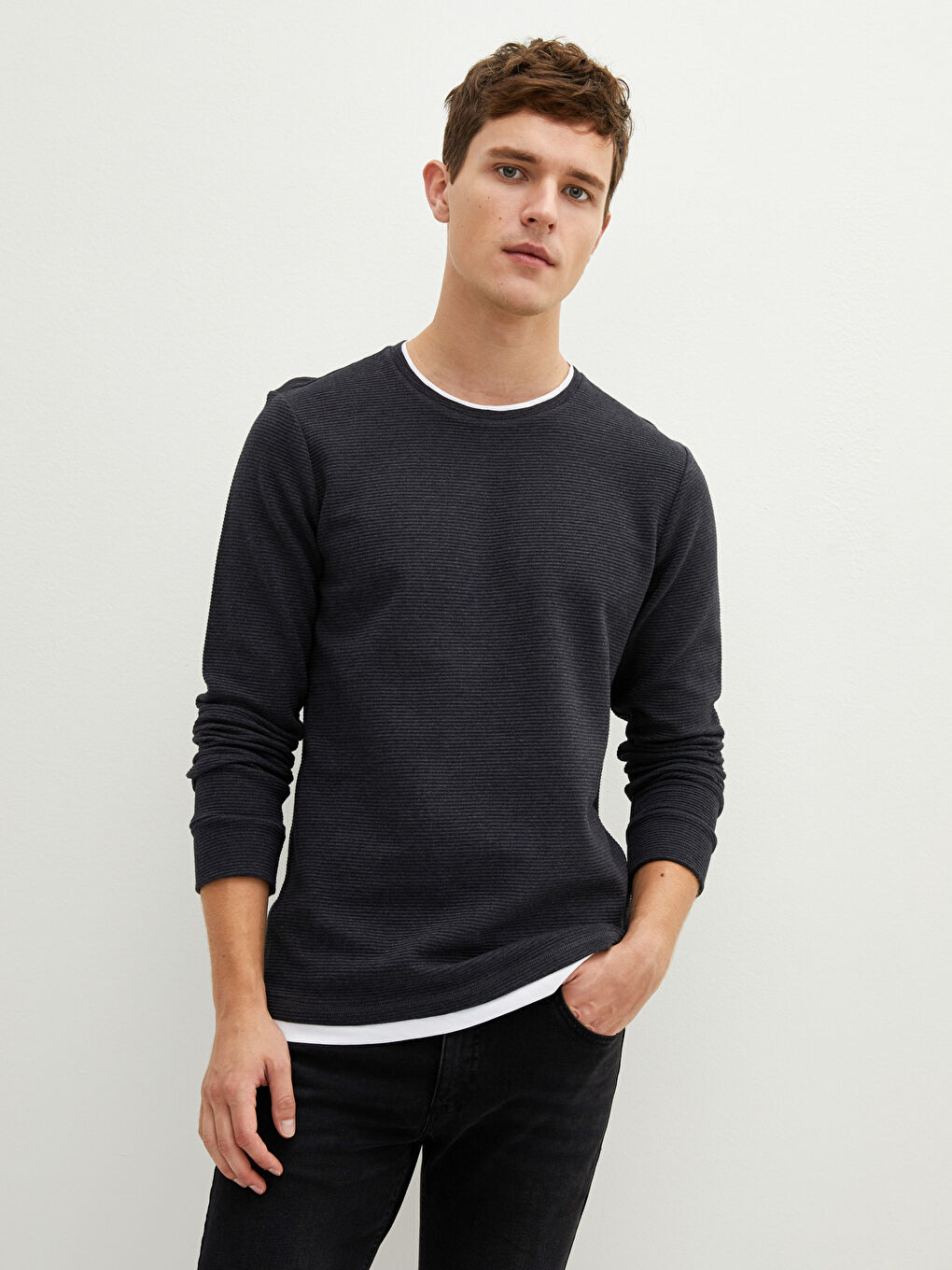 Antrasit Bisiklet Yaka Uzun Kollu Erkek Sweatshirt-4