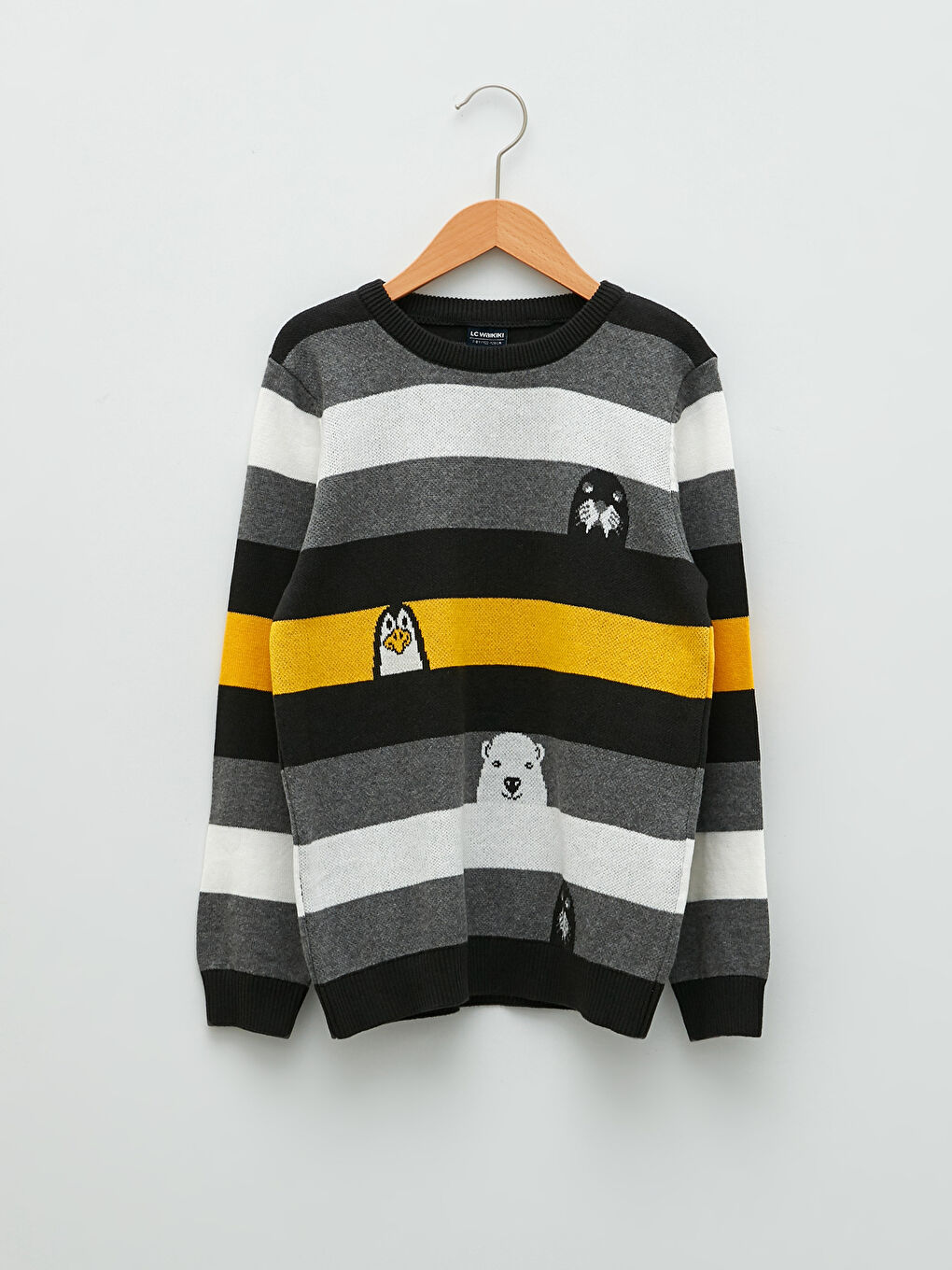 Gri Bisiklet Yaka Çizgili Uzun Kollu Erkek Çocuk İnce Triko Kazak