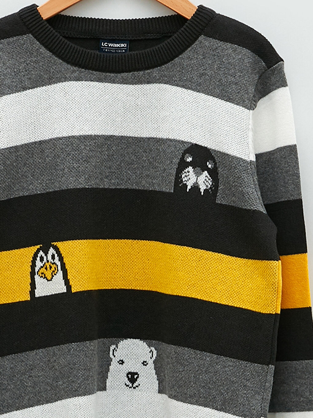 Gri Bisiklet Yaka Çizgili Uzun Kollu Erkek Çocuk İnce Triko Kazak-2