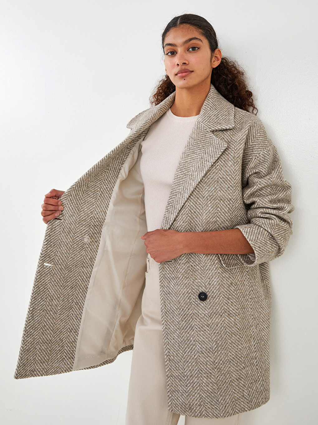 Jacket Collar Patterned Button Detailed Long Sleeve Thick Women's Cachet Coat-2