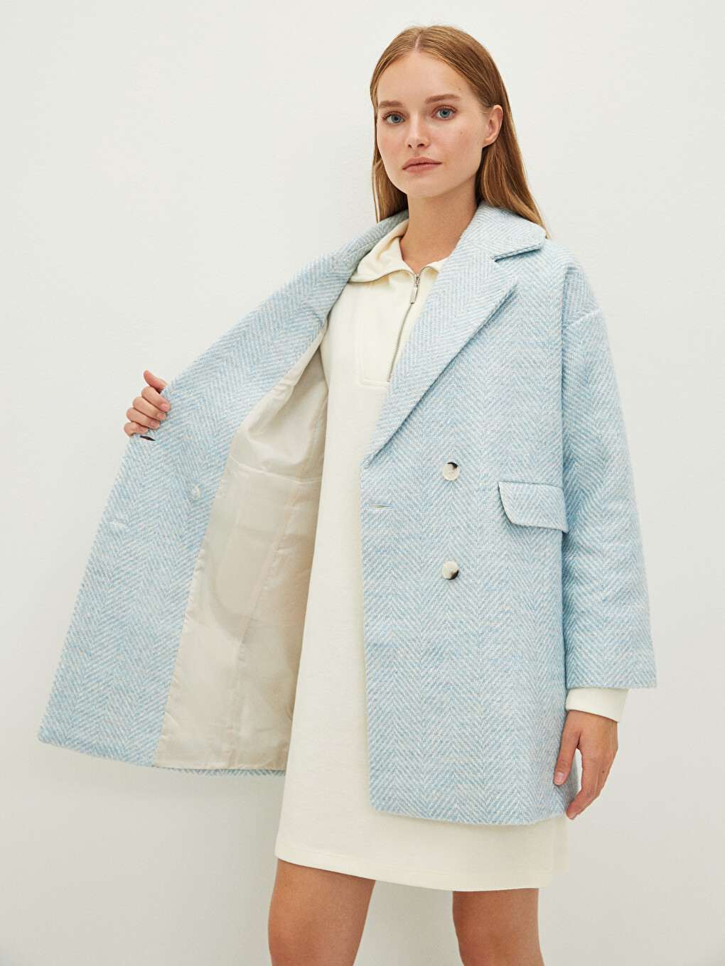 Jacket Collar Patterned Button Detailed Long Sleeve Thick Women's Cachet Coat-4