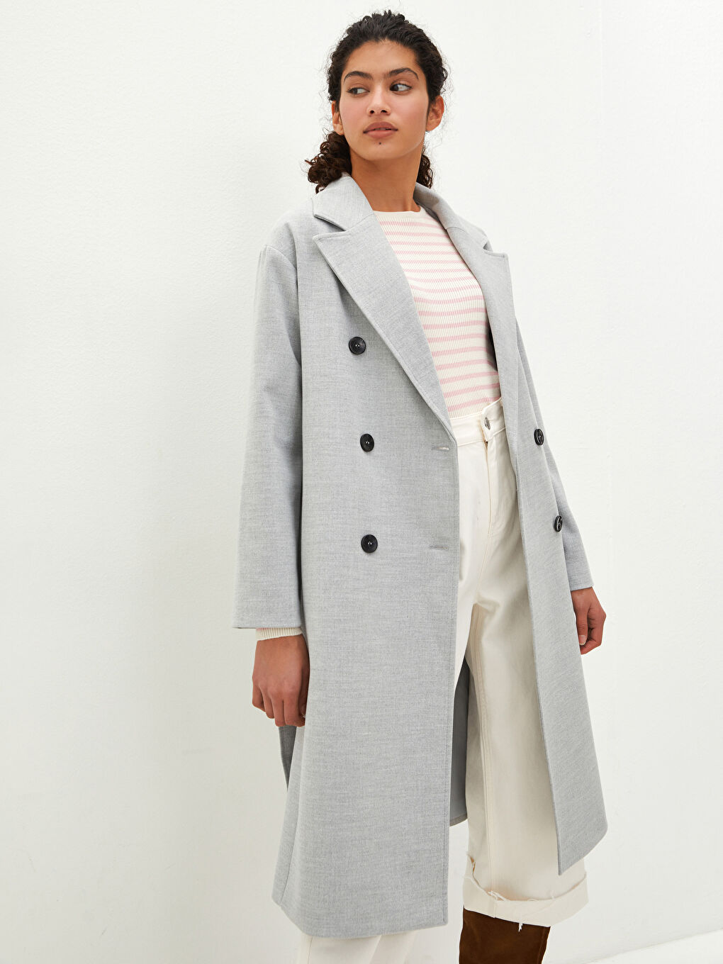 Jacket Collar Front Buttoned Waist Belted Long Sleeve Thick Women's Cachet Coat-8