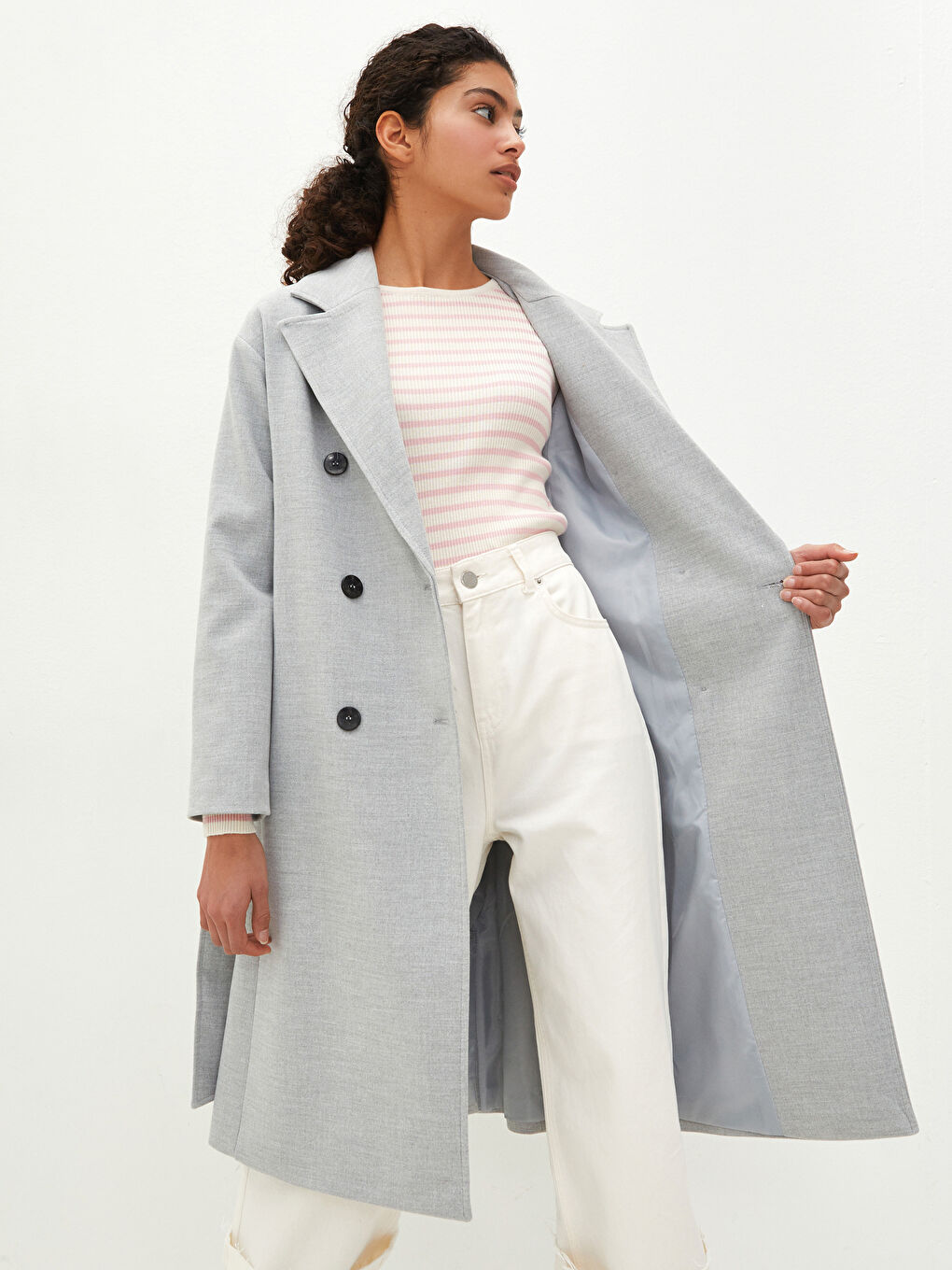 Jacket Collar Front Buttoned Waist Belted Long Sleeve Thick Women's Cachet Coat-9