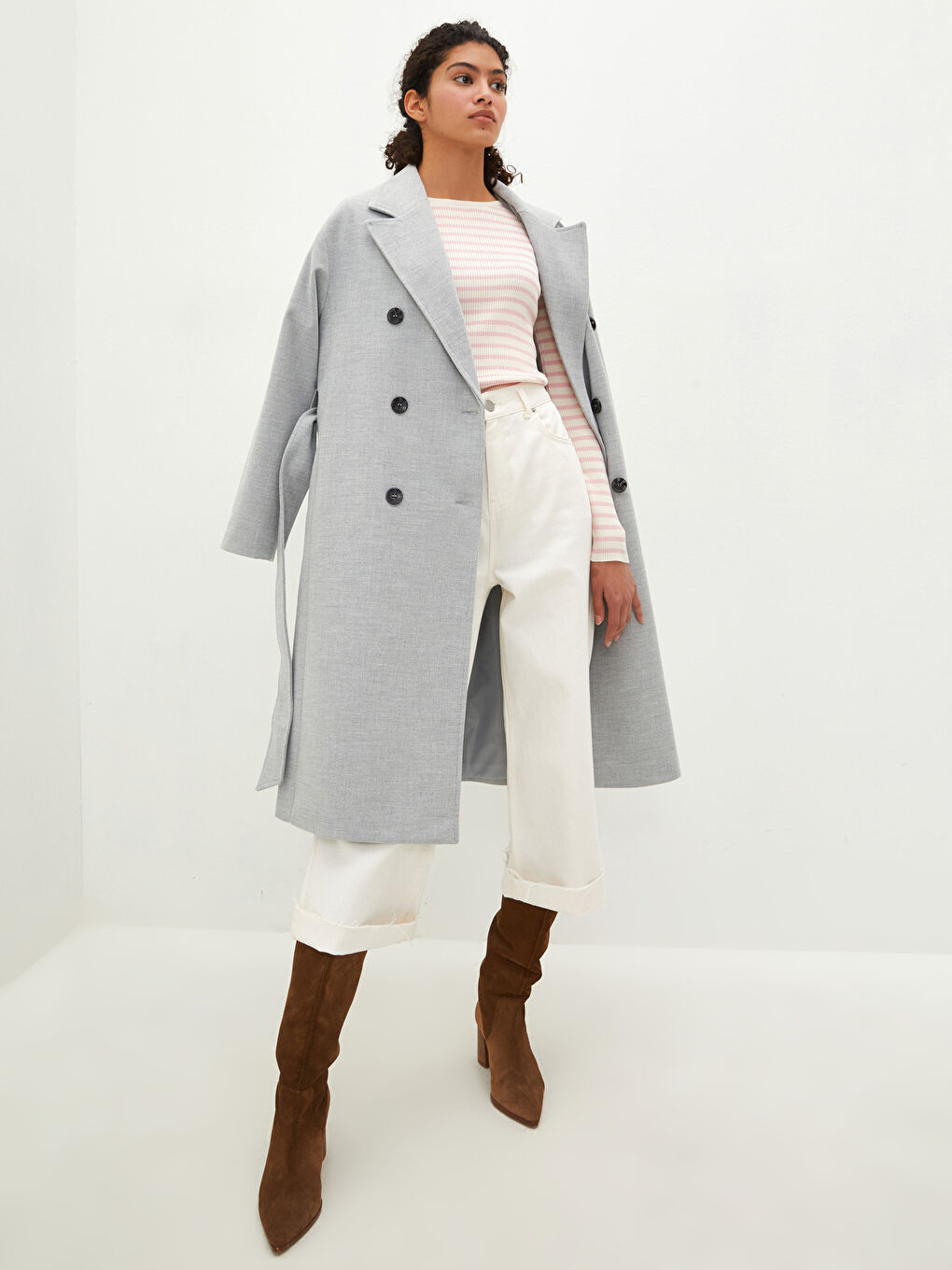 Jacket Collar Front Buttoned Waist Belted Long Sleeve Thick Women's Cachet Coat-1