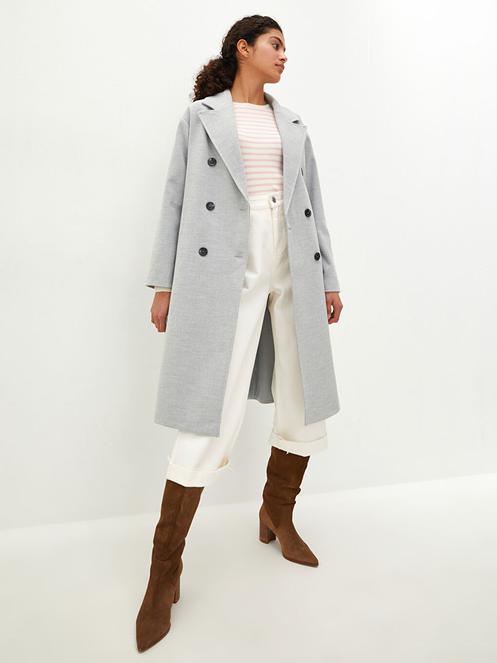 Jacket Collar Front Buttoned Waist Belted Long Sleeve Thick Women's Cachet Coat-7