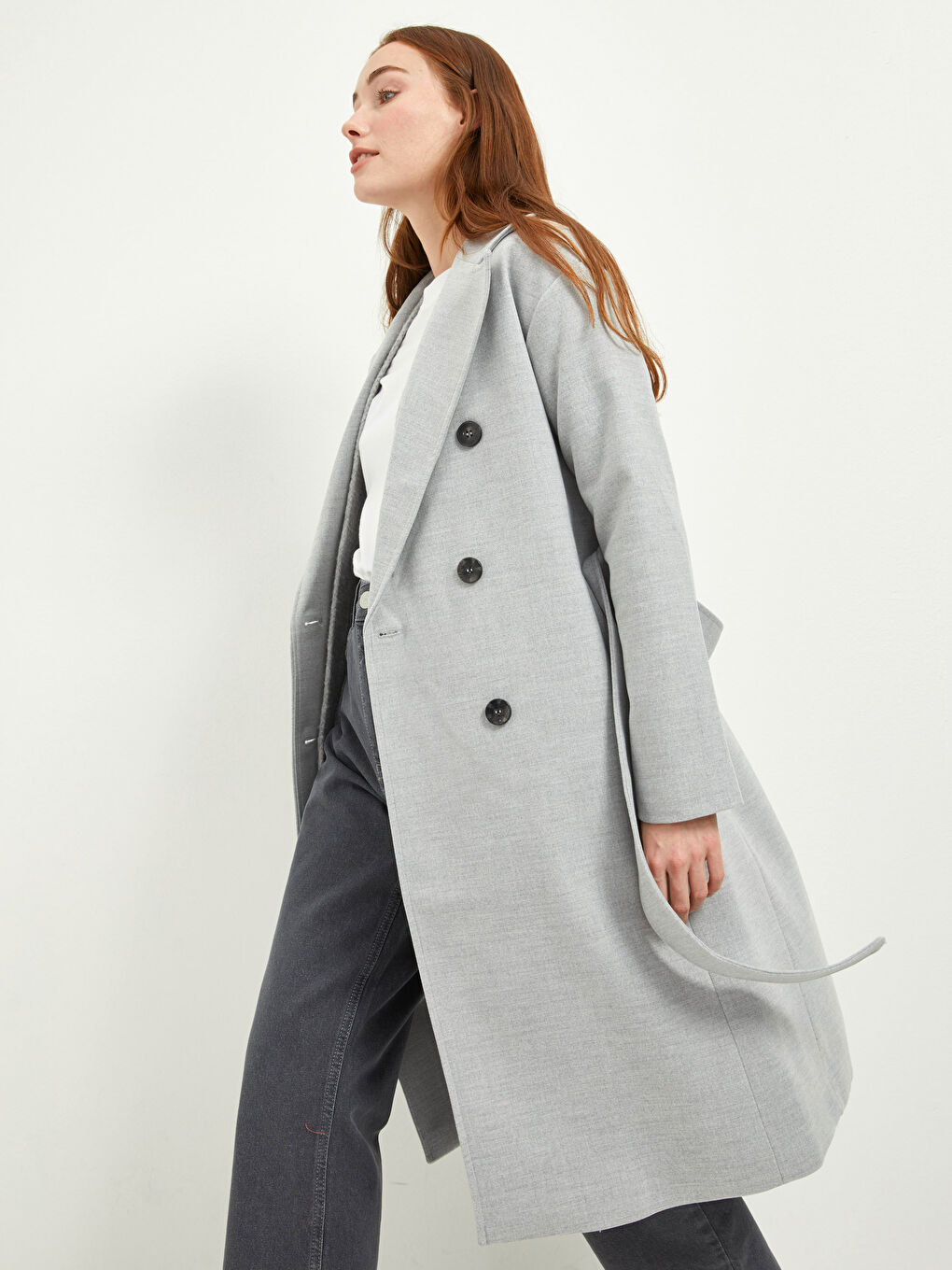 Jacket Collar Front Buttoned Waist Belted Long Sleeve Thick Women's Cachet Coat