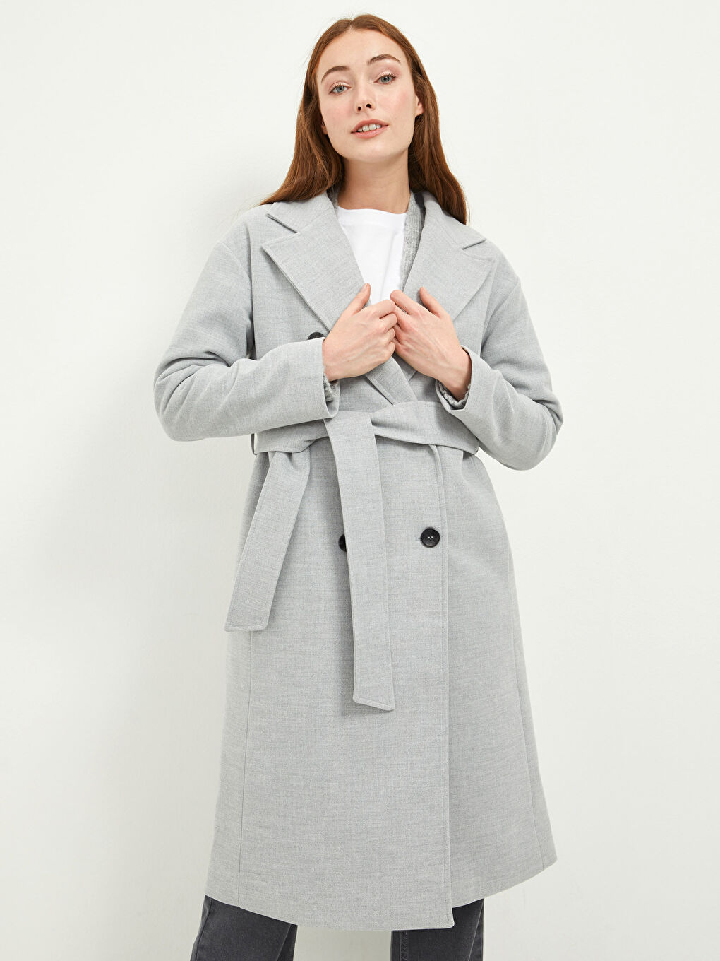 Jacket Collar Front Buttoned Waist Belted Long Sleeve Thick Women's Cachet Coat-2