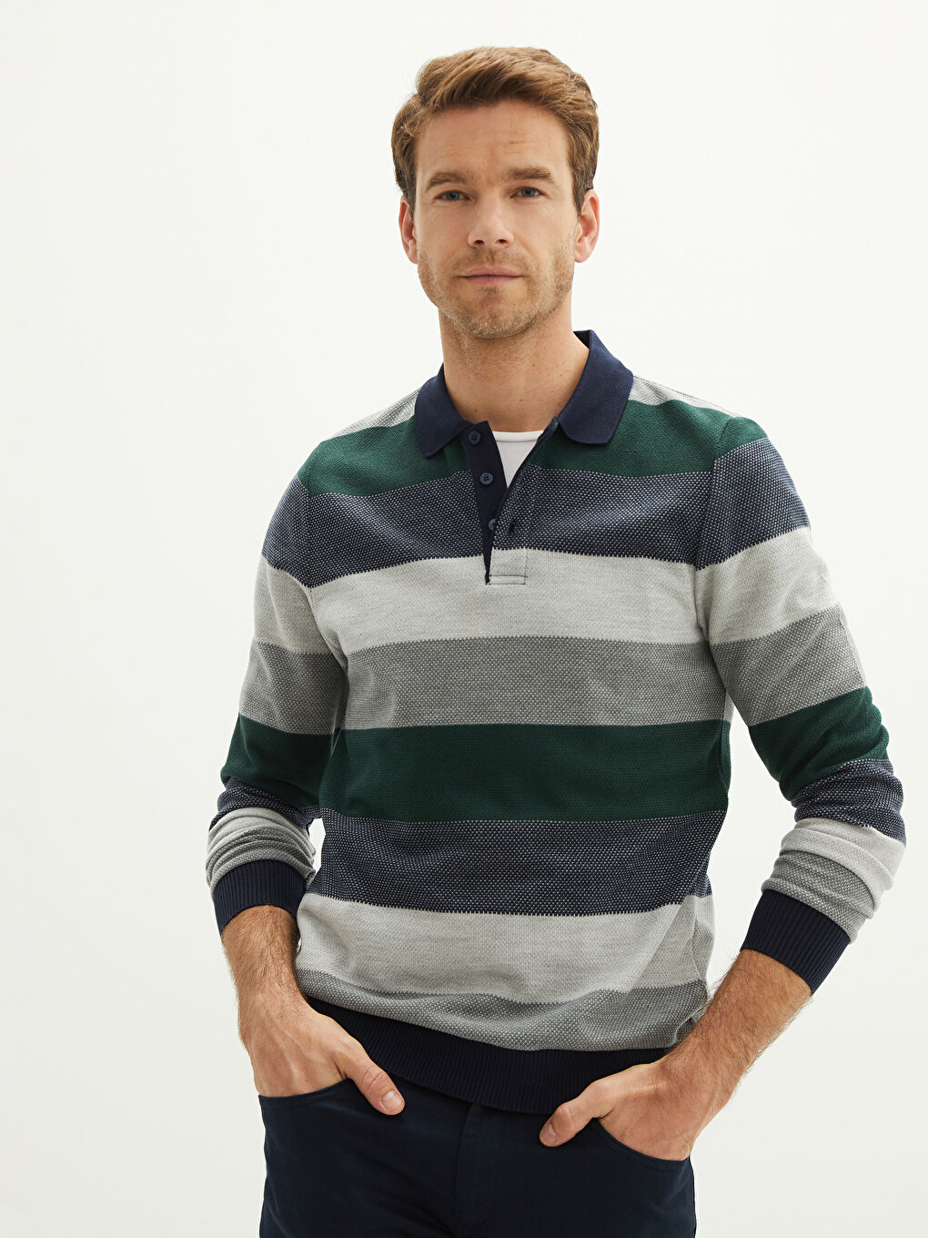 Yeşil Polo Yaka Uzun Kollu Çizgili Erkek Sweatshirt