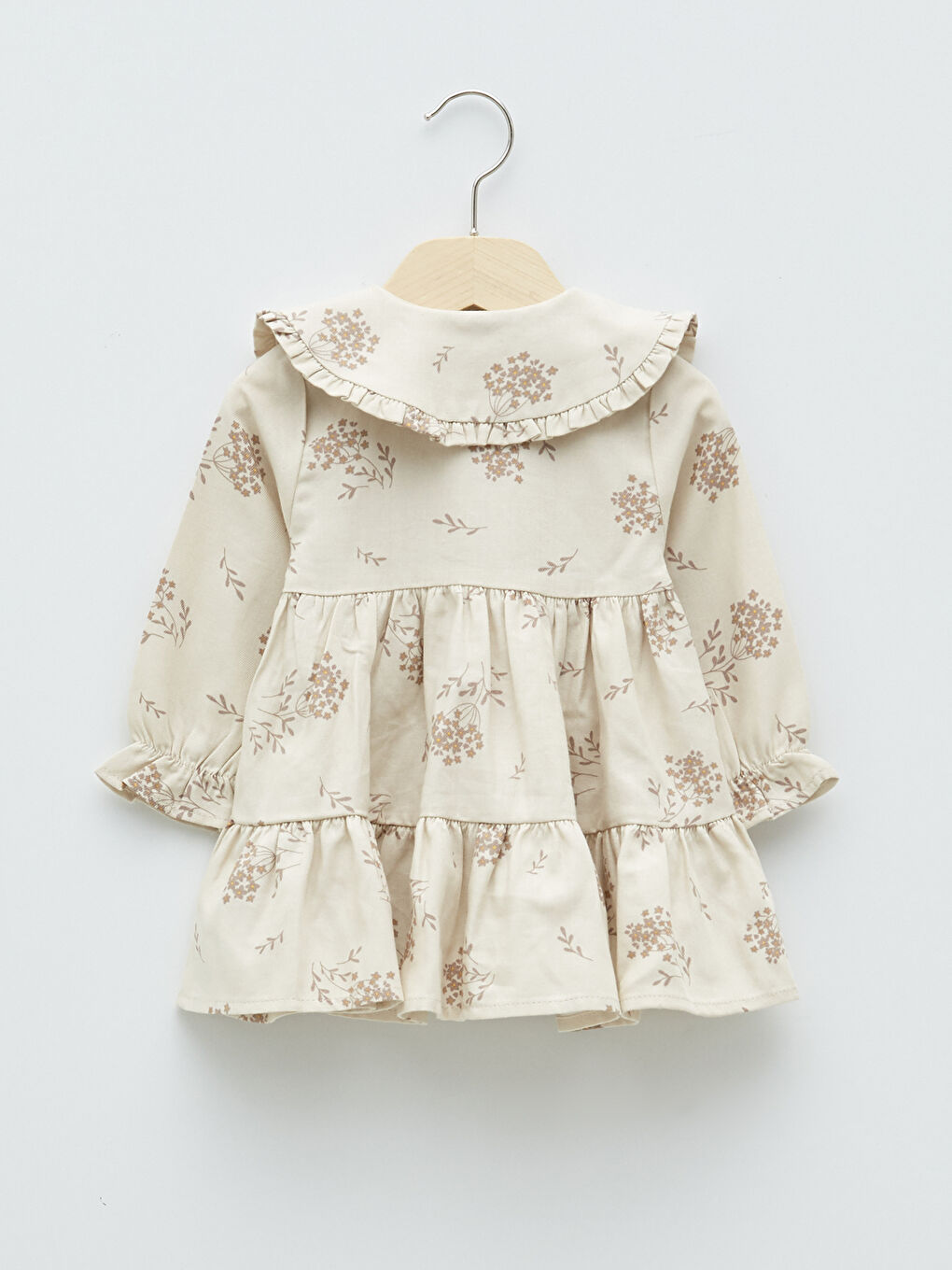 Bej Bebe Yaka Uzun Kollu Desenli Pamuklu Kız Bebek Elbise ve Saç Bandı 2'li Takım-1