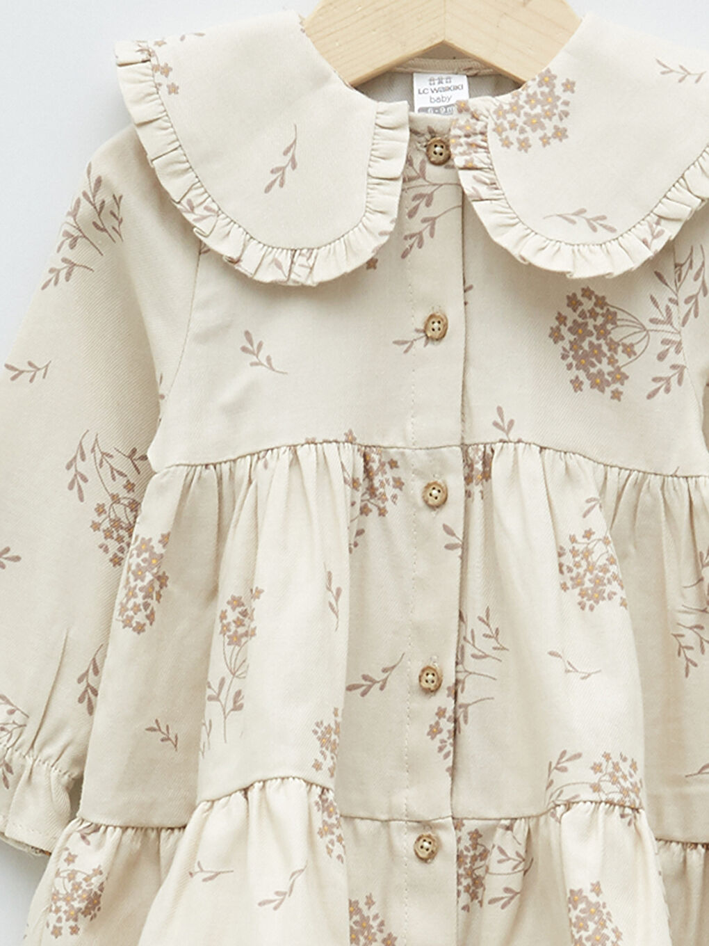 Bej Bebe Yaka Uzun Kollu Desenli Pamuklu Kız Bebek Elbise ve Saç Bandı 2'li Takım-2