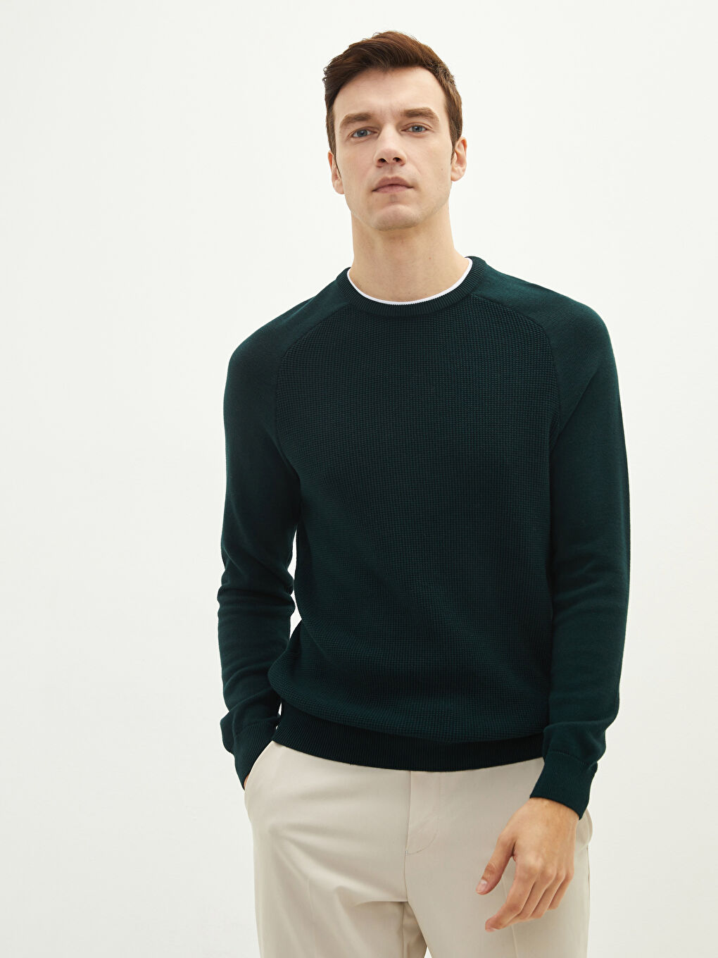 Yeşil Bisiklet Yaka Uzun Kollu İnce Erkek Triko Kazak-1