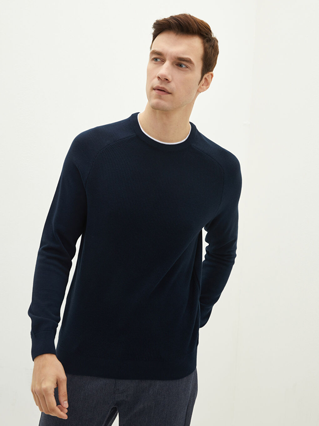 Lacivert Bisiklet Yaka Uzun Kollu İnce Erkek Triko Kazak-1