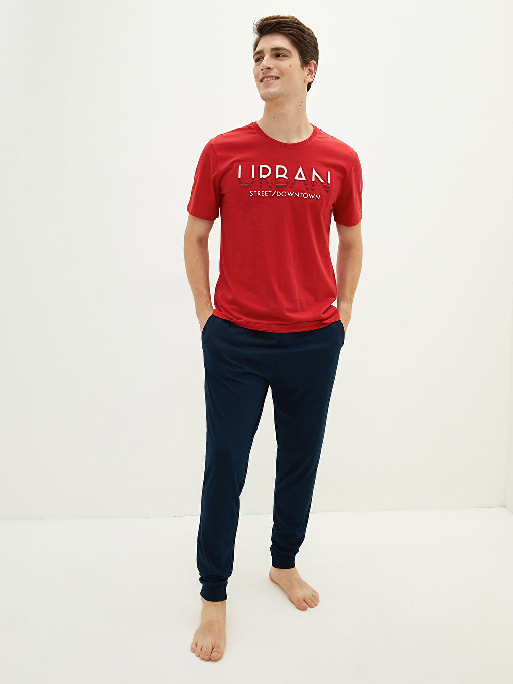 Lacivert Standart Kalıp Baskılı Erkek Pijama Takımı