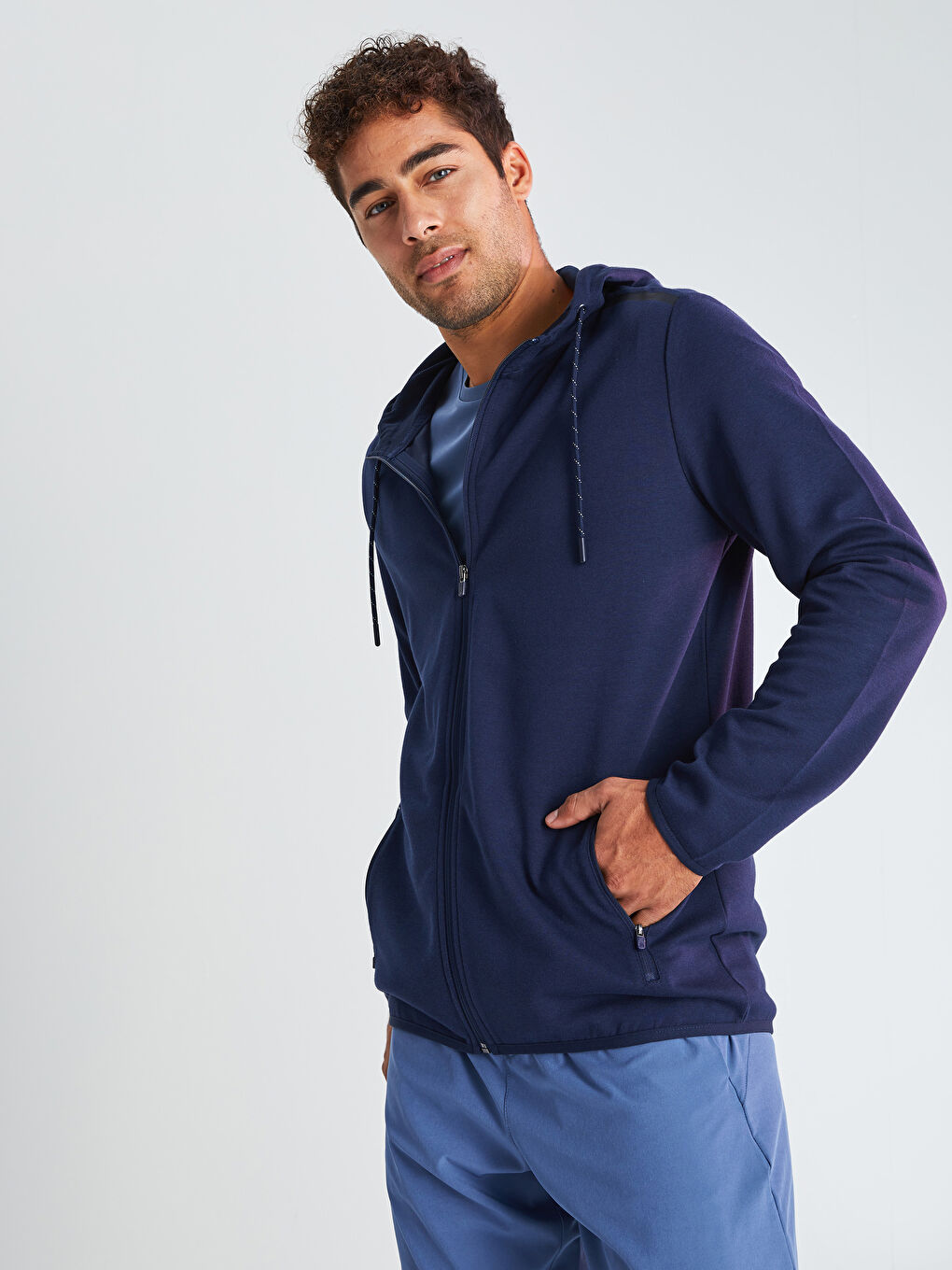 Lacivert Slim Fit Kapüşonlu Erkek Aktif Spor Hırka-1