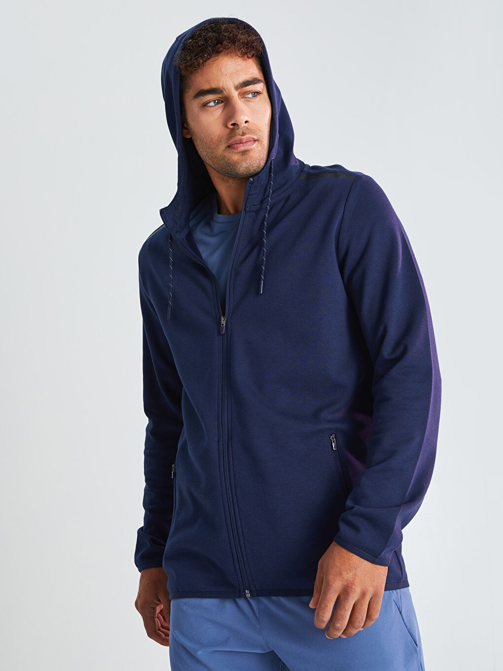 Lacivert Slim Fit Kapüşonlu Erkek Aktif Spor Hırka-2