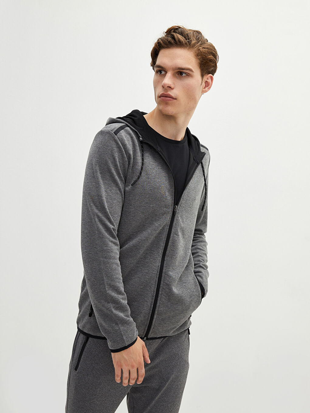 Gri Slim Fit Kapüşonlu Erkek Aktif Spor Hırka-2