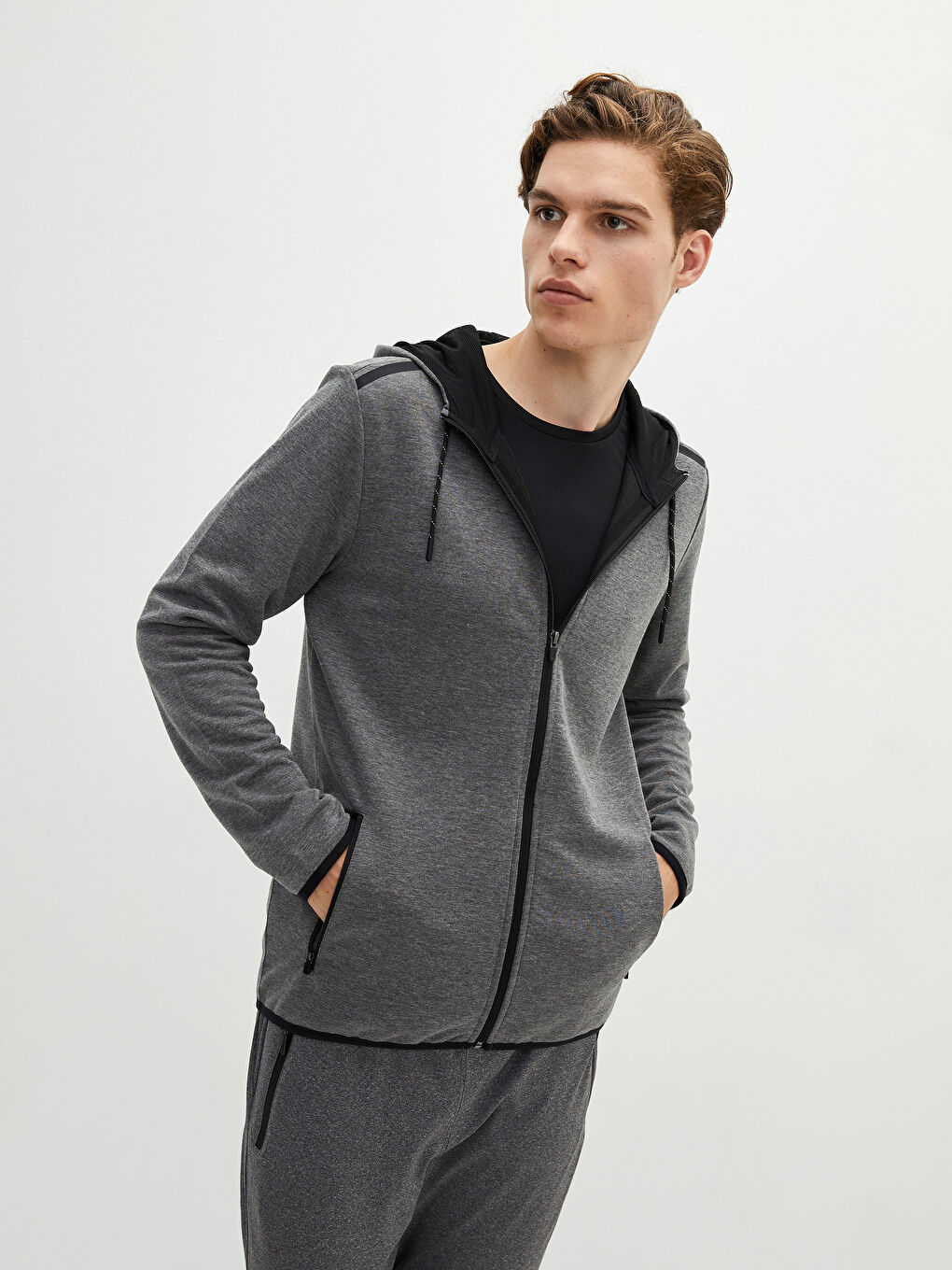 Gri Slim Fit Kapüşonlu Erkek Aktif Spor Hırka-3