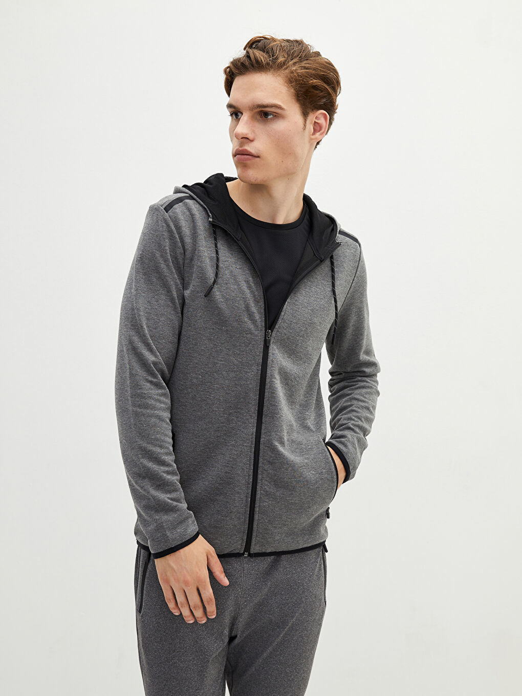 Gri Slim Fit Kapüşonlu Erkek Aktif Spor Hırka