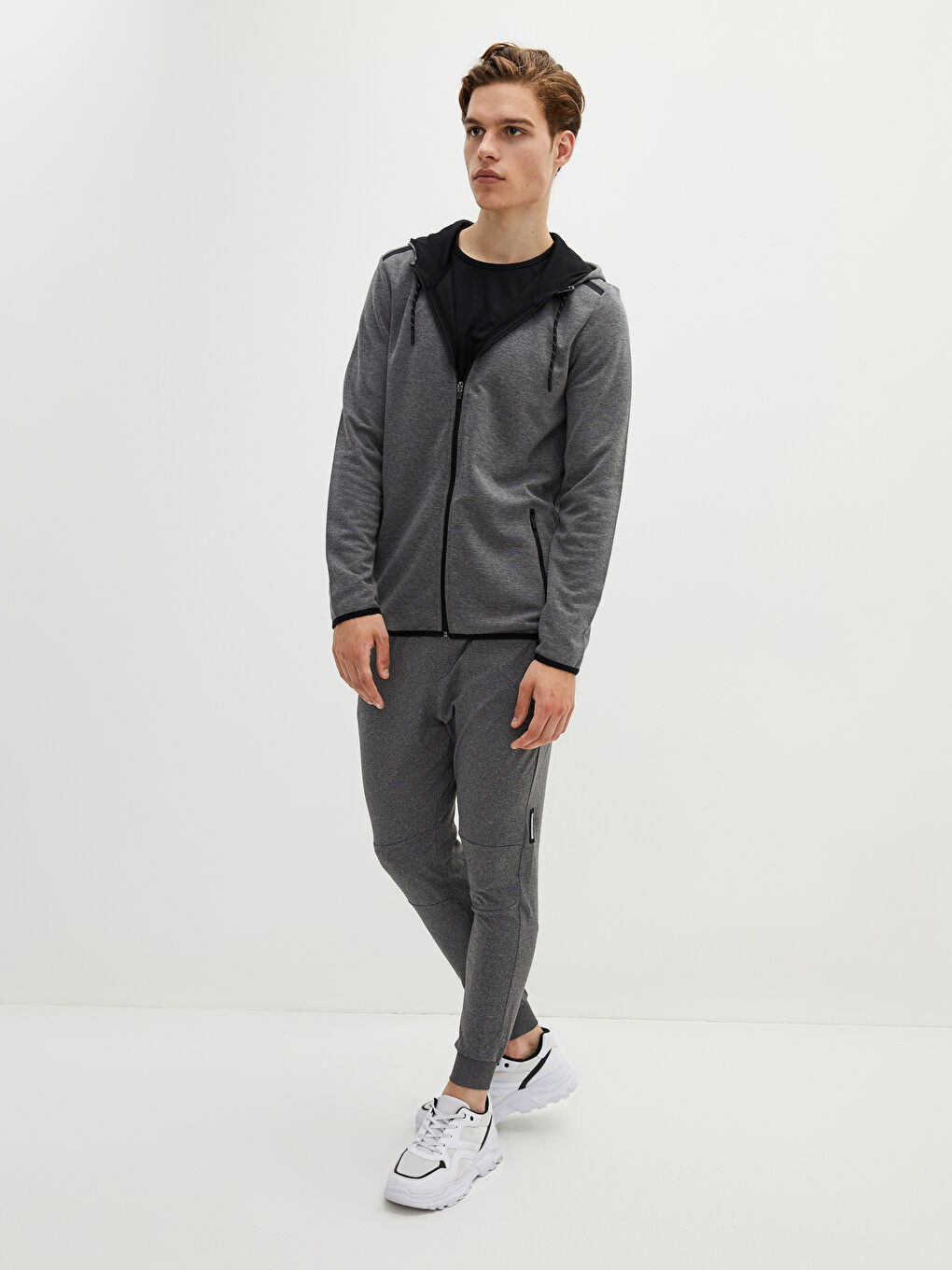 Gri Slim Fit Kapüşonlu Erkek Aktif Spor Hırka-1