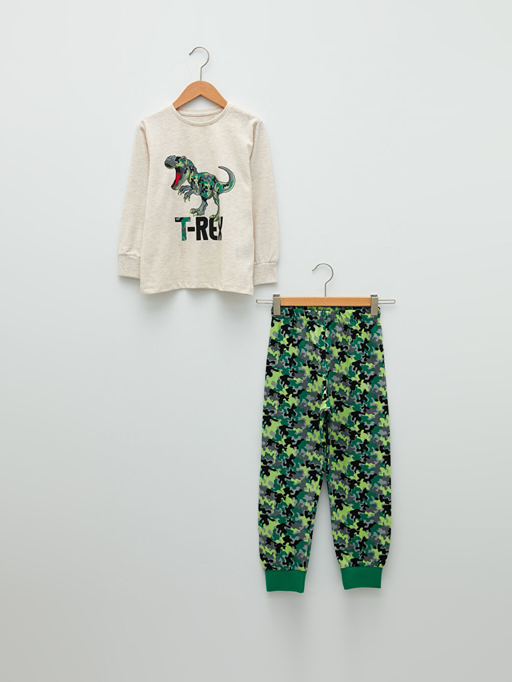 Bej Bisiklet Yaka Baskılı Uzun Kollu Erkek Çocuk Pijama Takımı