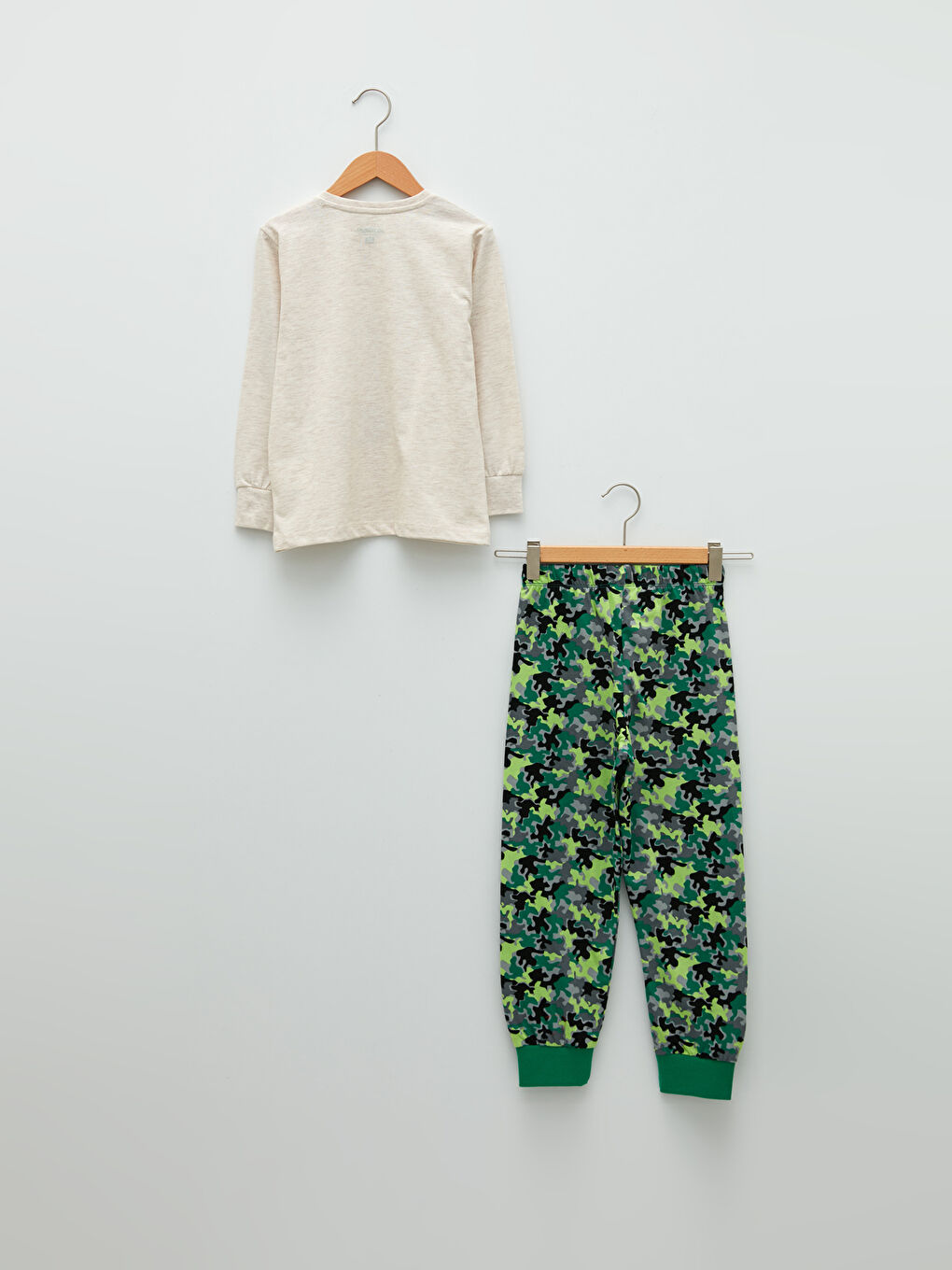 Bej Bisiklet Yaka Baskılı Uzun Kollu Erkek Çocuk Pijama Takımı-1