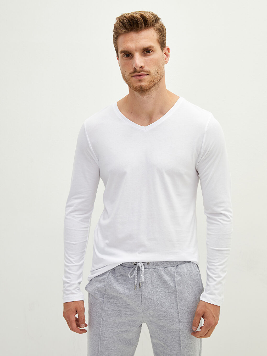 Beyaz V Yaka Uzun Kollu Pamuklu Erkek Atlet-2
