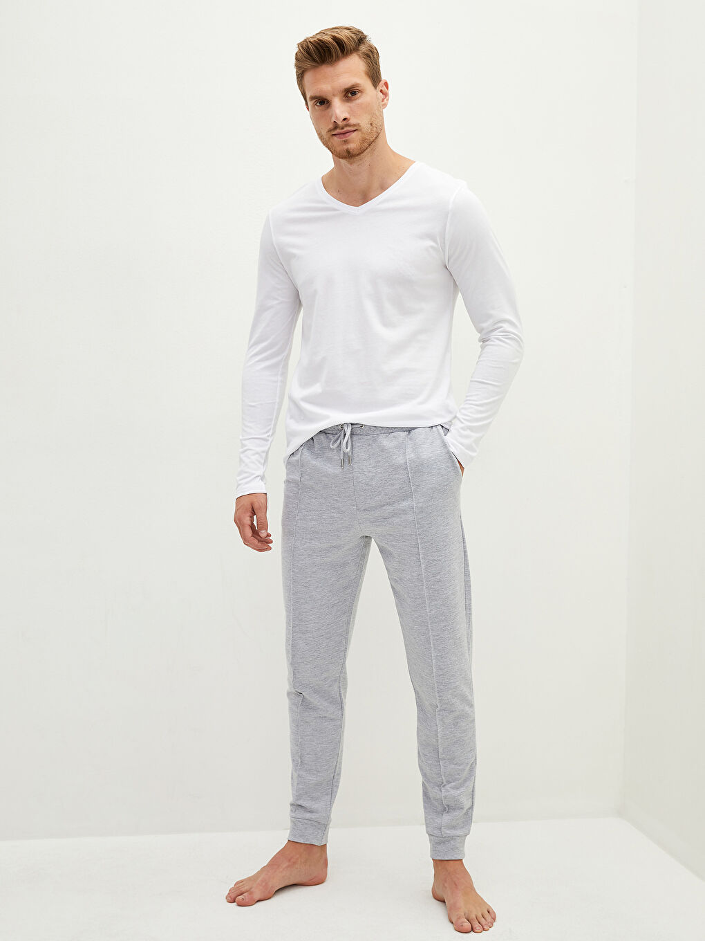 Beyaz V Yaka Uzun Kollu Pamuklu Erkek Atlet-3